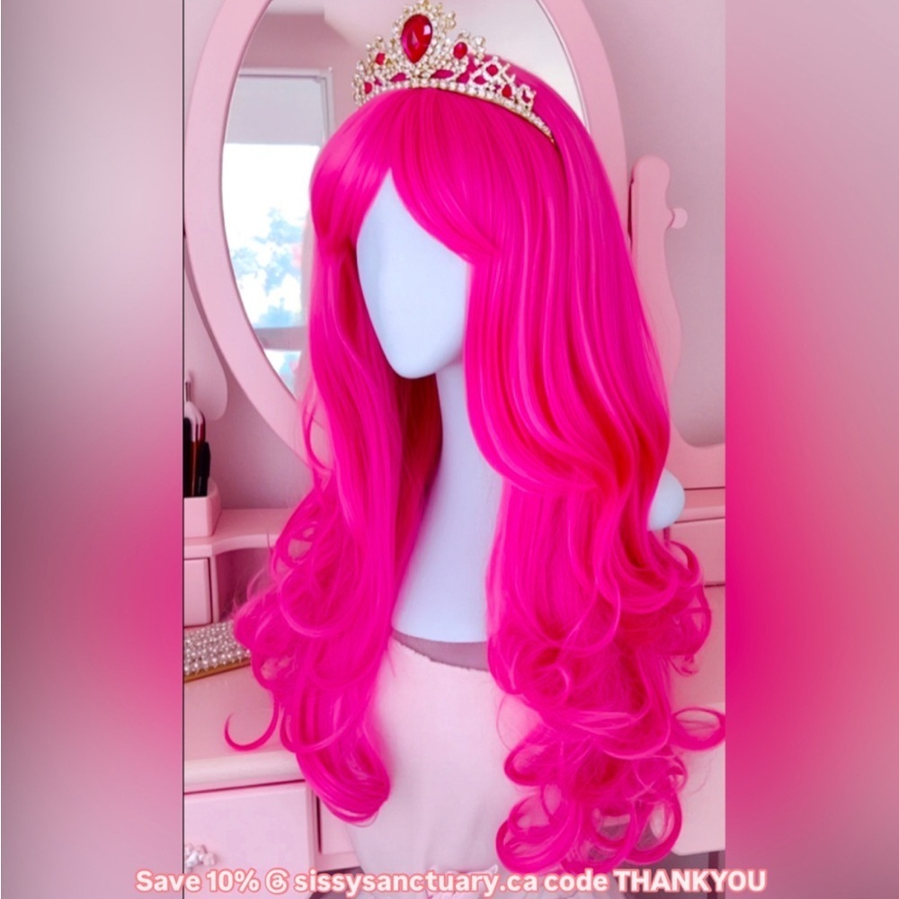 Sissy Princess Pink Curly Long Synthetic Hair Wig peice for cosplay CD Drag